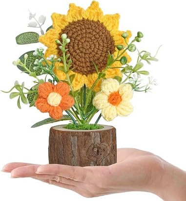 Weldomcor Gehäkelte Sonnenblume, Handgemachte Gestrickte Blume, Kleines Dankeschön Geschenk, Mutmacher Geschenk für Freunde Familie Kollegen