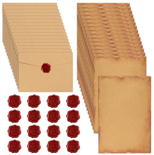 Vintage Briefpapier mit Umschlag, 16 Kraftpapier Umschläge 16 B6 Briefpapier und 16 Wachssiegel Aufkleber, Braun Briefumschläge B6 Briefumschläge Faltkarten für Geldgeschenke Dankeskarten Einladung