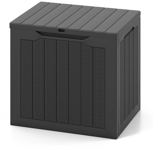 GIANTEX Coffre de Jardin Exterieur en PP 96 L, Coffre Rangement Exterieur Résistant Aux Intempéries avec Couvercle Verrouillable et Texture Rotin, Malle Rangement pour Piscine, Jardin, Noir