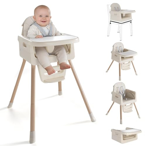 EverKiddo Baby High Chair for 6 Months+, Foldable High Chairs for Babies and Toddlers, Convertible High Chair, Adjustable Tray & Footrest, Portable High Chair & Easy to Clean(White with Wood Grain)