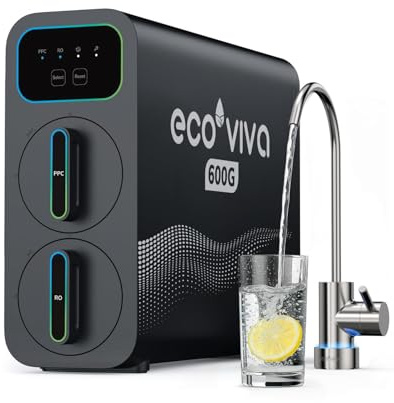 Ecoviva E6 600 GPD Osmoseanlage Trinkwasser, Untertisch Umkehrosmoseanlage, 9-stufige Filterung RO Osmose Wasserfilter, Reduziert TDS, 2.5:1 Spar-Verhältnis, Tanklos, Schwarz