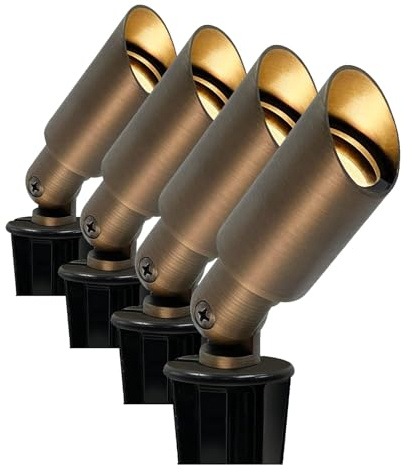 GKOLED Mini Size Brass Landscape Spotlight, Low Voltage 12V AC/DC Outdoor Directional Up Light, 180 LM, 3W MR8 LED Bulb ABS Ground Stake, 2700K Warm White, Garden Patio Trees Spot Uplight (Pack of 4)