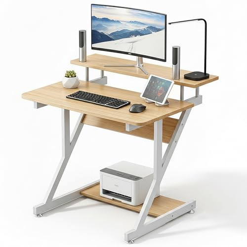 JANDTEK Escritorio Pequeño con Estante Superior 70 x 40 cm, Mesa Escritorio Blanca o Roble para Ordenador, Mesa de Trabajo Compacta para Estudio, Oficina y Habitación (Roble)