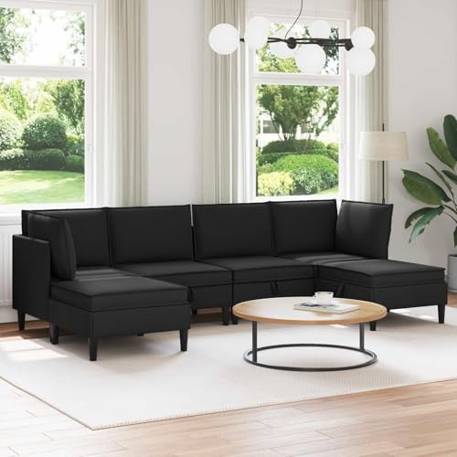 sephironlbb Wohnzimmergarnitur 6-teilig Schwarz Stoff mit robustem Sperrholzrahmen, ergonomische Polstergarnitur mit Ottomane und Hocker, vielseitig für Wohnzimmer, Gästezimmer und Lounge