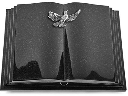 MEMORUM Grabmale Grabbuch, Grabplatte, Grabstein, Grabkissen, Urnengrabstein, Liegegrabstein Modell Livre Pagina 40 x 30 x 8-9 cm Indisch-Black-Granit, poliert inkl. Gravur (Aluminium-Ornament Taube)