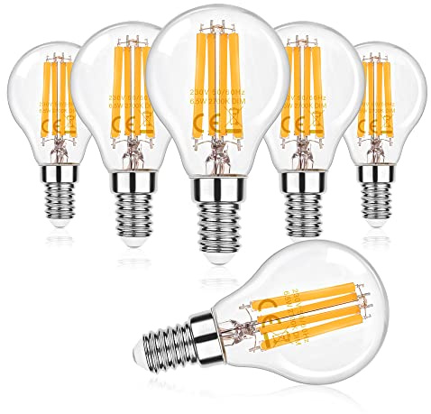 E14 Led Dimmerabile Lampadina Edison G45 6,5W= 60W Incandescenza, Bianco Caldo 2700K, 850 lumen, Filamento Edison a Goccia Classico Vintage Lampada per Lampadari, 230V, CRI80+, Pacco da 6