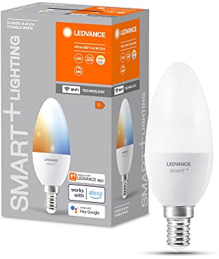 LEDVANCE Smarte LED-Lampe mit WiFi Technologie, Sockel E14, Dimmbar, Lichtfarbe änderbar (2700-6500K), ersetzt Glühlampen mit 40 W, SMART+ WiFi Candle Tunable White, 4er-Pack