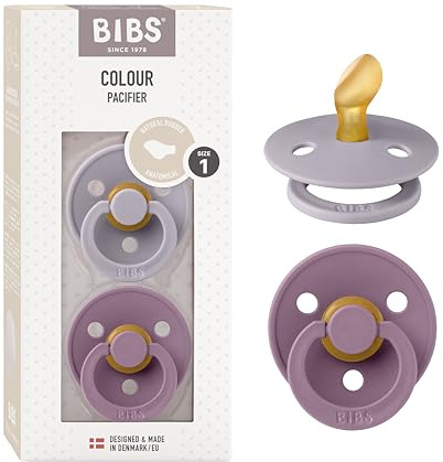 BIBS Colour Anatomical Soother 2-Pack, BPA Free Dummy Pacifier, Orthodontic Nipple. Natural Rubber Latex, Made in Denmark. 0-6 Months (Pack of 2), Fossil Grey/Mauve