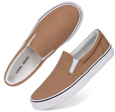 Emma Shoes Low-Top Slip Ons Women's Fashion Sneakers Casual Canvas Sneakers for Women Comfortable Flats Breathable Padded Insole Slip on Sneakers Women Low Slip on Shoes, Light Brown, 9