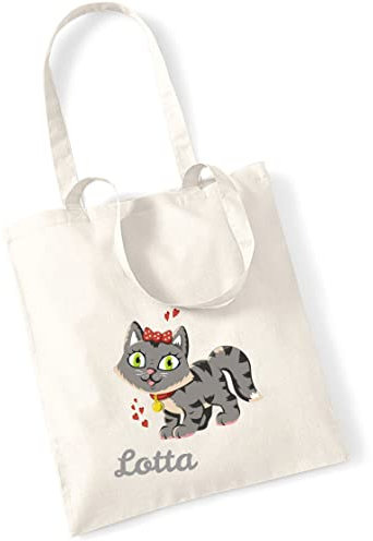 minimutz Jutebeutel Kinder mit Katze und Name bedruckt | große Stofftasche Baumwolle Mädchen | Personalisierter Kitabeutel für Wechselwäsche (natur)