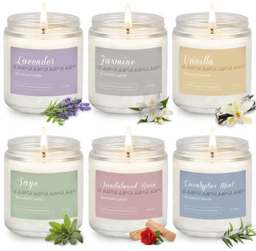 Scented Candles Gifts for Women,6 * 6.35oz Candles Gift for Home Scented,Large Jar Candle in Glas,Vegan Soy Decorative Candle Box Gift Set for Birthday,Anniversary,Mother's Day,Yoga,300H Long Burning