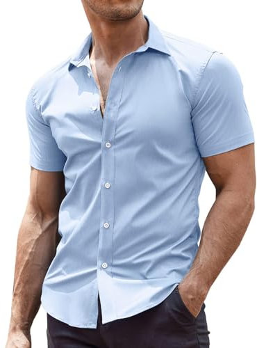 COOFANDY Mens Short Sleeved Summer Shirts Non Iron Dress Shirts Stretch Formal Shirt Muscle Fit Work Shirt Office Light Blue L