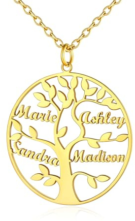 Custom4U Collier Pendentif Arbre de Vie 4 Prénoms Gravure Or Pendentif avec 4 Noms d'arbre Généalogique à Graver Bijoux Originale pour Femme Fille