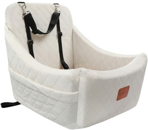 WOOAIDAGG Hunde-Autositz für mittelgroße Hunde, Auto-Reisebett für Haustiere mit Sicherheitsgurt-Kanal, abnehmbar und waschbar, verstellbaren Gurten, 3 Gurte (Beige)
