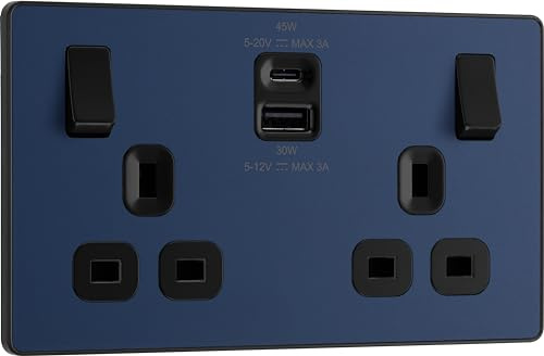 BG Electrical 45W Double Switched Power Wall Plug Socket with Super Fast Charge Type A and Type C USB Charging Ports, Evolve, Matt Blue, 13A, PCDDB22UAC45B