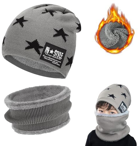 Ensemble Bonnet et Écharpe en Tricot D'hiver pour Enfant, avec Doublure Polaire, Tour de Cou pour Garcon Fille, Echarpe Tricot Chapeau pour Garcon Fille Cadeaux Noel, Chaud et Confortable, Gris