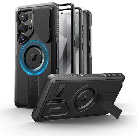 Dexnor Magnetiche Cover per Samsung Galaxy S25 Ultra con Copertura Della Fotocamera & Cavalletto Regolabile & Protezione Dello Schermo Incorporata, Custodie Antiurto Resistenti Case - Nero