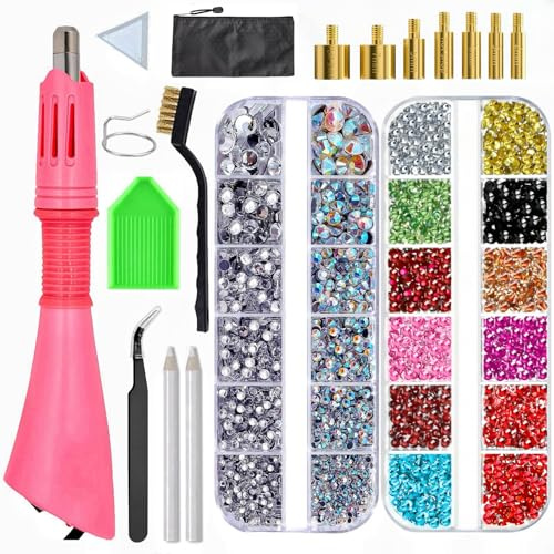 Bacxzomx Applicatore Strass Termoadesivi con 7 Punte, 2 Scatole Strass Decorativi, Pinze, Spazzola, 2 Matite, Kit Hotfix Strass Applicatore per Tessuti, Vestiti, Fai Da Te (Rosa)