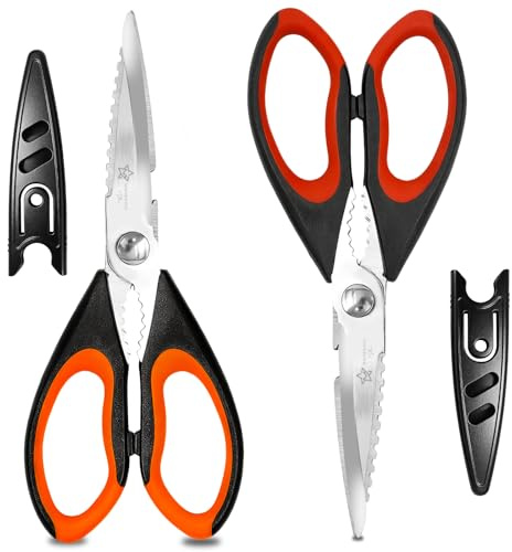 Magnificent Kitchen Scissors All-in-1 Multi-Function Heavy Duty, Stainless Steel Shears with Fish Scaler Nutcracker Bottle Opener, Sharp Meat Scissors Soft Grip Handle with Safety Cover- Pack of 2