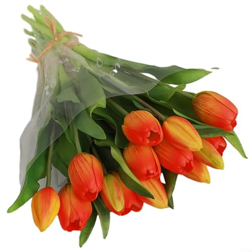 Artificiell tulpanbukett med 7 Real Touch PU tulpaner, verklighetstroget fuskblomsterarrangemang för bröllop, hem, kontor och helgbordsdekoration för möhippa, fester och evenemang (orange)