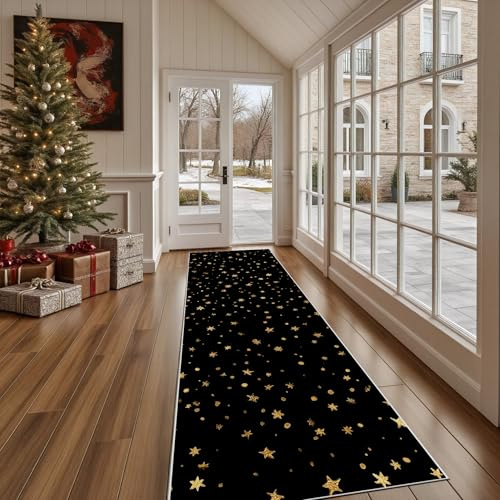 Dppyuxa Sternenhimmel Stern Küchenläufer Modern Gold Waschbar und rutschfest Abstrakt Punkte Teppich Läufer für Küche und Flur Küchenteppich Maschinenwaschbar Schmutzabweisend 60x120 cm