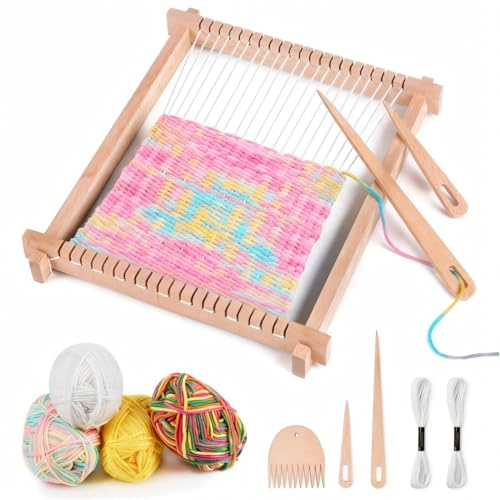 Homewit Schulwebrahmen 24x28cm Holz Webrahmen für Kinder ab 4 6 8 Jahre | Groß Holz Webrahmen kinder Geschenk Mädchen Bastelset Webstuhl Knitting Loom fur Anfänger