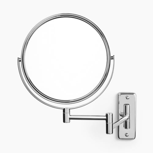 JERDON Two-Sided Wall-Mounted Makeup Mirror - Makeup Mirror with 5X Magnification & Wall-Mount Arm - 8-Inch Diameter Mirror with Chrome Finish Wall Mount - Model JP7506CF