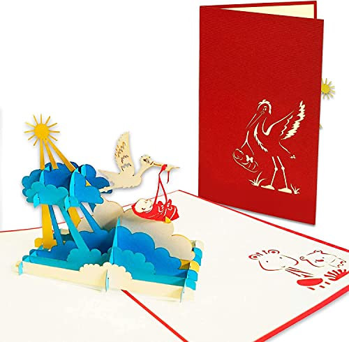 LINPOPUP® 3D Grußkarte zur Geburt, Glückwunschkarte Geburt, Geburtskarte Storch, Geburtskarte, Klapperstorch, N265