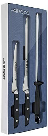 Arcos Serie Manhattan - Set Jamonero de 3 piezas - Acero Inoxidable Forjado - Mango de Polioximetileno (POM) Color Negro - FUNDA JAMON DE REGALO