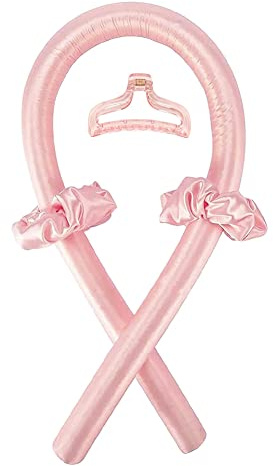 Heatless Curling Rod Headband No Heat Silk Ribbon Curling Rod Hair Roller Curls with Hair Claw Clip Lazy Natural Soft Wave DIY Hair Rollers Styling Tool for Sleep in Overnight (Pink)