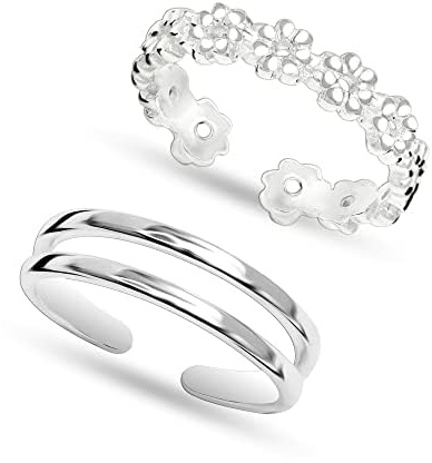 LeCalla 2 stycken 925 sterlingsilver söt blomma band ring öppen justerbara tåringar för kvinnor, Silver, Ingen ädelsten