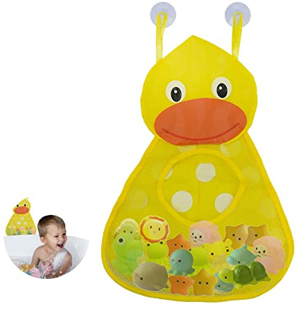 Kikuo Baby Badespielzeug Aufbewahrungs Organizer, Badewannen Spielzeughalter, Netz für Spielzeug-Babys, niedliche Tierform, gelbe Ente mit 2 starken Saugnäpfen