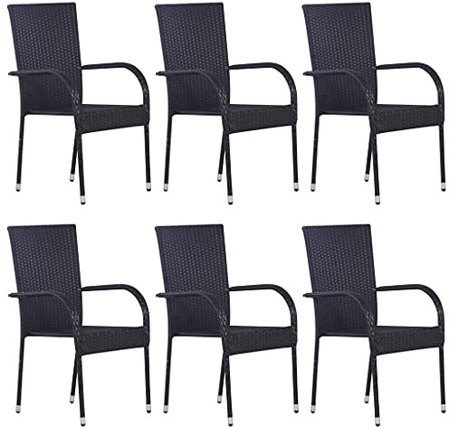 Makastle 6er Set Stapelstuhl Gartenstuhl Stapelbar Garten Terrasse Hochlehner Gartensessel Terrassenstuhl Stapelsessel Gartenmöbel 55,5 x 53,5 x 95 cm Poly Rattan Schwarz