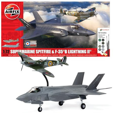 Airfix Aircraft Model Building Kits - A50190 Supermarine Spitfire & F-45 B Lightning II Miniature Craft Kit, 1/72 Scale Plastic Model Plane Kits for Adults to Build - Aeroplane Gifts for Men