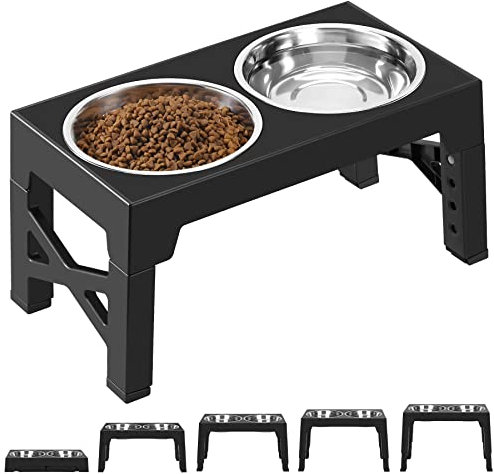 Ormalla Hundenapf Erhöht, 5 Höhenverstellbare Erhöhter Hundenäpf Mit 2 Edelstahl-Schüsseln Für Große, Mittelgroße Und Kleine Hunde Und Haustiere – Schwarz