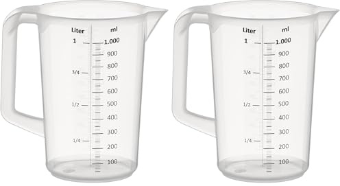 APS 30047 Messbecher 1 Liter, Ø 12 x H: 17 cm, Kunststoffbecher mit geprägter Maßskalierung außen, geschlossener Griff, 1- und ml-Liter- Einteilung, spülmaschinengeeignet (Packung mit 2)