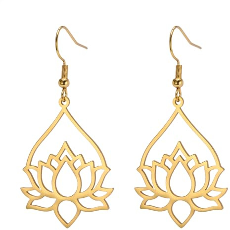 Dreamtimes Lotus Blume baumelnden Ohrringe für Frauen Ohrringe mit Heilung Charms Yoga Unalome Symbol Amulett Edelstahl Buddha Yoga-Schmuck