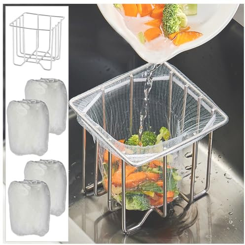 ONVIPSTOO Kitchen Sink Strainer Basket with 200 Disposable Mesh Bags, White, Plastic, Polished, Holder + Bag (Removable), Compact, Drain Strainer, Sink Food Catcher, Sink Trash Catcher