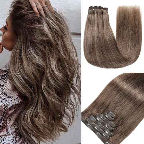 GUDOZO clip in extensions echthaar Dunkelbraun mit kastanienbraunen und platinfarbenen Reflexen 7pcs 40cm 120g Echthaar extensions clip Nahtlose Echthaar Clip-In Volumen Damen