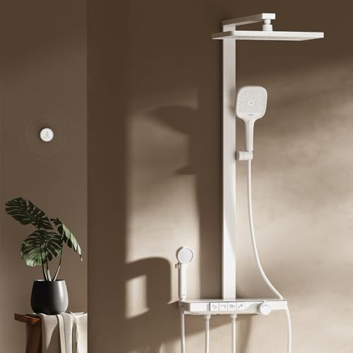 EMKE Columna de Ducha Termostática,Blanco Mate,4 en 1: Cabezal de Ducha, Ducha para Niños, Grifo en Cascada. Filtración, Preajuste, Pantalla Digital. Diseño Moderno para el Baño