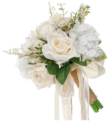 Plcnn Champagne Wedding Bouquets for Bride, Artificial White Rose Bridal Bouquet, 8 Inches Romantic Wedding Flower Bouquet with Silk Ribbon for Brides Bridesmaid Hold Flower