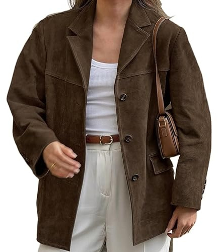 Kvinnor gamla pengar estetik mockajackor Y2K vintage krage kappa baggy button down ytterkläder grunge blazers, Brun, S