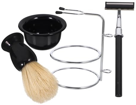 Manuelles Rasier Satz für Herren mit Rasierpinsel, Schale und Ständer | 1 Satz, Edelstahl und Pp Nylon, Schwarz, Ergonomisches Design, Zubehör für Männer
