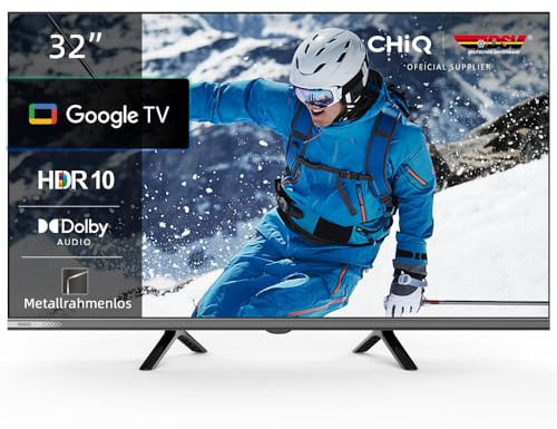 CHiQ L32M9E TV Inteligente de 32 Pulgadas, HDR10, Google TV, Google Assistant, Chromecast Integrado, HDMI, USB, Marco Metálico Sin Bordes