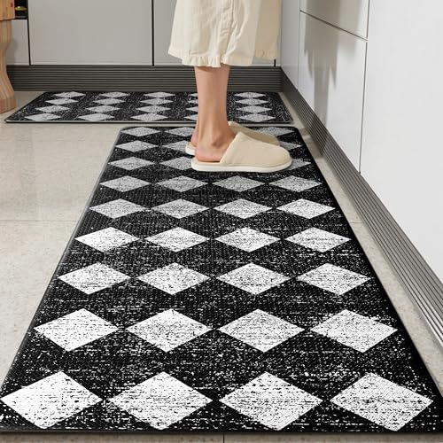 VivaNest Black Moroccan Trellis Checkered Kitchen Rug Sets [2 PCs], Anti-Fatigue, Waterproof Non-Slip Kitchen Mats Heavy Duty Ergonomic Comfort Foam Rug for Floor, Home, Laundry,17x29+17x47
