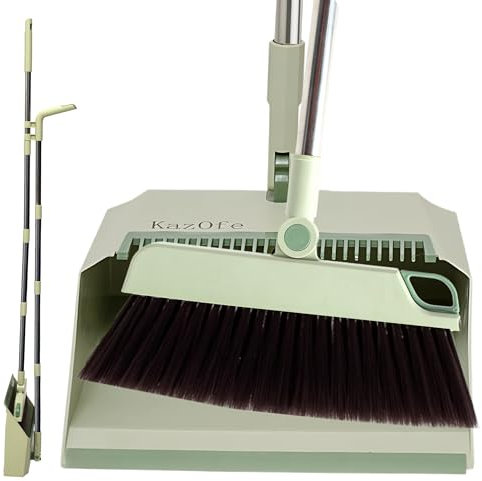 KazOfe Long Handled Dustpan and Brush Set, Broom and Dustpan with Comb Teeth, 180 Degree Rotating Sweeping Brush, Ideal for Indoor Outdoor Home Kitchen Office & Pet Hair Cleanup (Light Green)