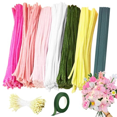 Barlone Pfeifenreiniger Blumen Set, 6 Farben Pfeifenputzer zum Basteln Blumen für Blumenstrauß DIY Basteln, 250 Stück Pipe Cleaner Flower Set mit 1 Klebeband, 15 Blumendraht, 100 Staubgefäß
