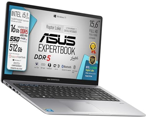 ASUS Expertbook, PC Portatile, cpu Intel Core i5 13420H 13Th 8Core, Ram DDR5, SSD pci Nvme, Display 15,6 FHD, Wi-Fi 6, 4 USB, BT, lan, CyberSaver, Win11, fingerprint