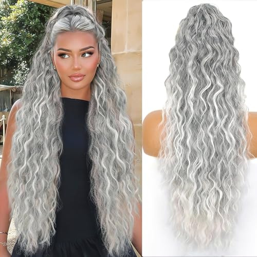 PORSMEER Damen Pferdeschwanz mit Klammer, Lange Wellig Lockig Haarteil Zopf Haarverlängerung Claw Clip in Haarteil Ponytail für Frauen 75cm (Silbergrau mit Highlights)