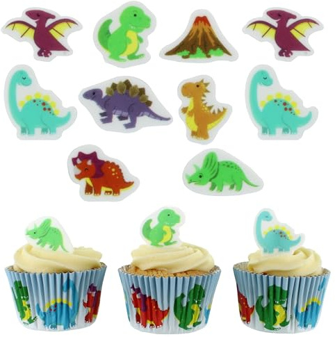 Culpitt Dinosaur Edible Cupcake Toppers - 32 Pack | 6 Designs Incl. T-Rex & Triceratops, Fondant Sugar Paste, Approx 25-35mm Each, Vegan & Coeliac Friendly